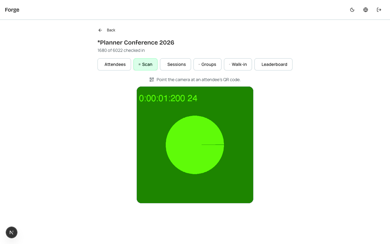 The QR code check-in scanner in the Forge Check-in companion app.